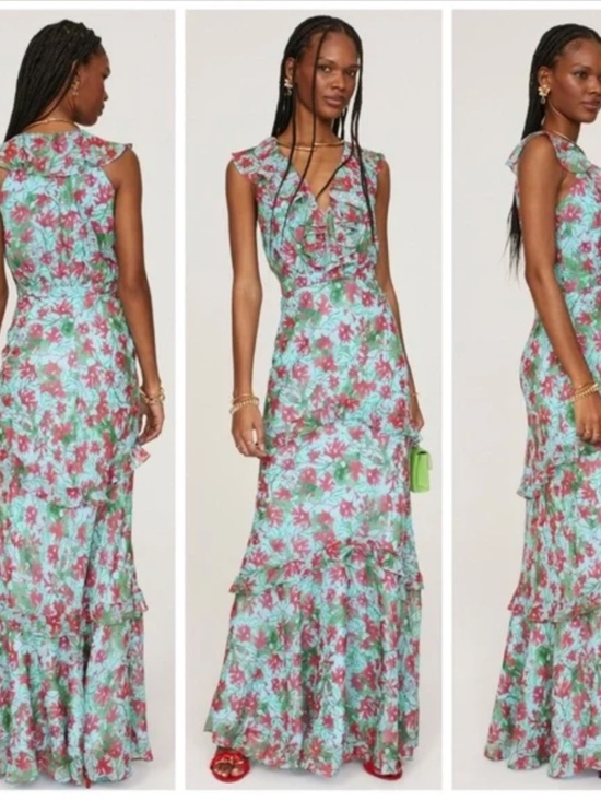 SALONI Dresses & Skirts - SALONI Rita Silk Maxi Dress Teal Blue Aquarium Floral Ruffle Sleeveless - US 2